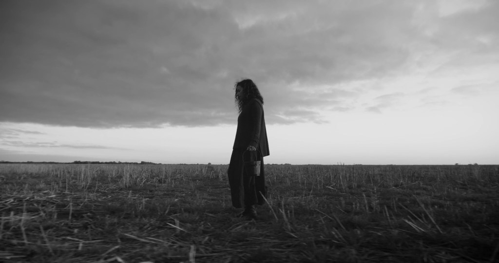 The woman stands alone at the edge of a barren field against a wide, clouded sky. From A Drop at a Time (2025), directed by Mazyar Mahan.
