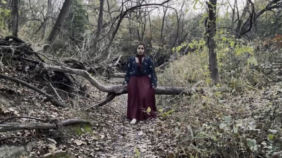 Still from Fear (2021) by Mazyar Mahan: a dancer in a dark red skirt stands among fallen trees in a winter forest.
