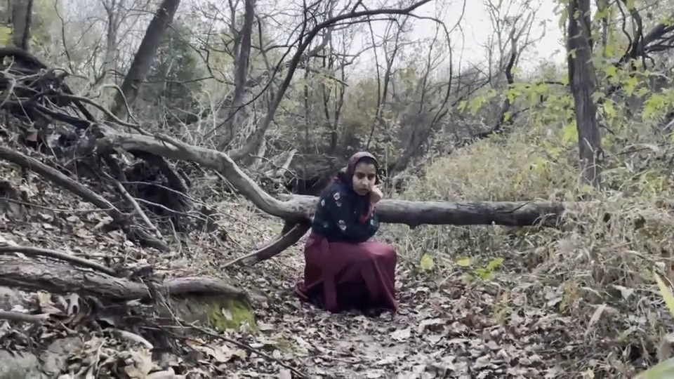 Still from Fear (2021) by Mazyar Mahan: the dancer kneels on the forest floor beside a fallen trunk.