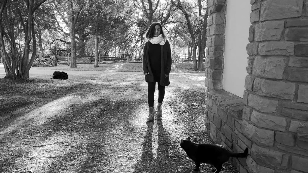 Still from Return of the Repressed (2023) by Mazyar Mahan: a woman walks along a stone wall as a black cat crosses her path